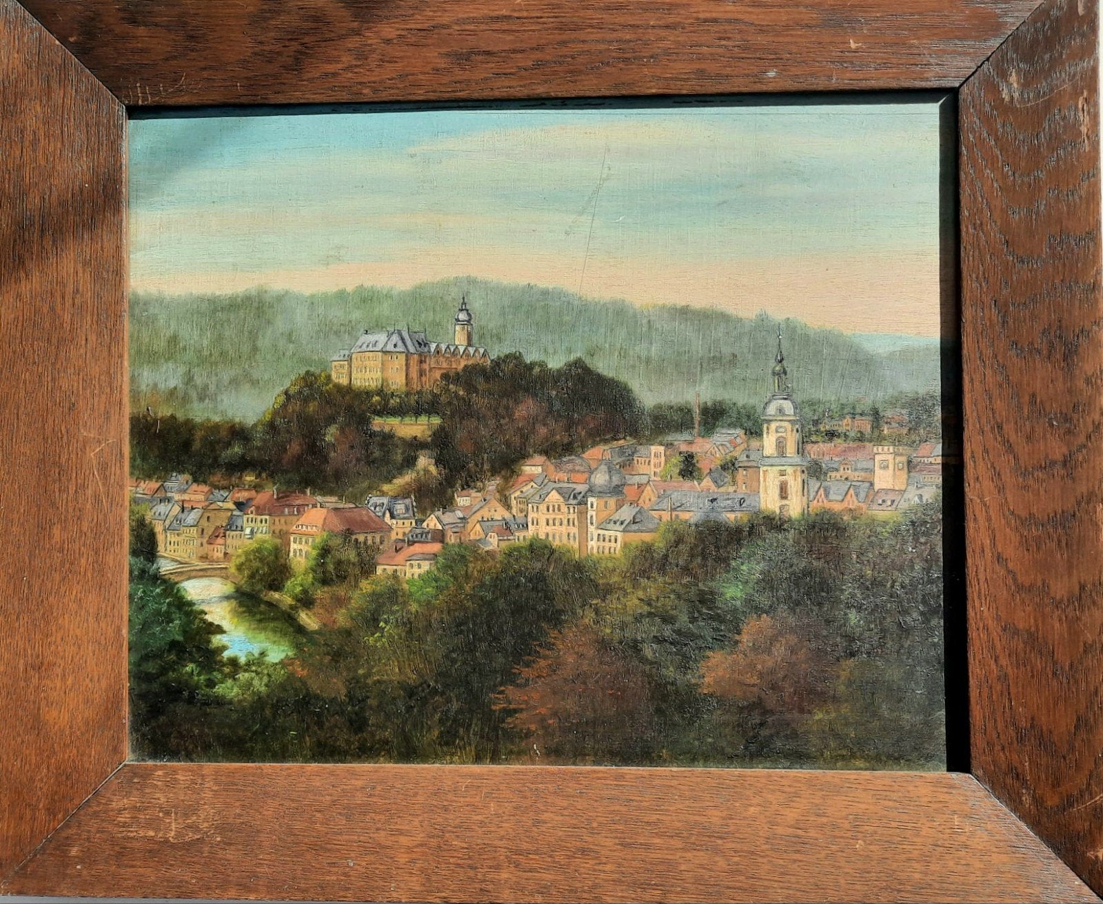 Schilderij Kasteel Książ en stad in Polen, Doek, Realistisch, Ophalen of Verzenden, Olieverf