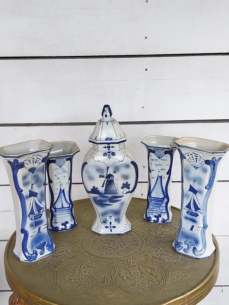 Delfts Blauw vaas en pot set - Molen en zeilschip decor, Ophalen of Verzenden