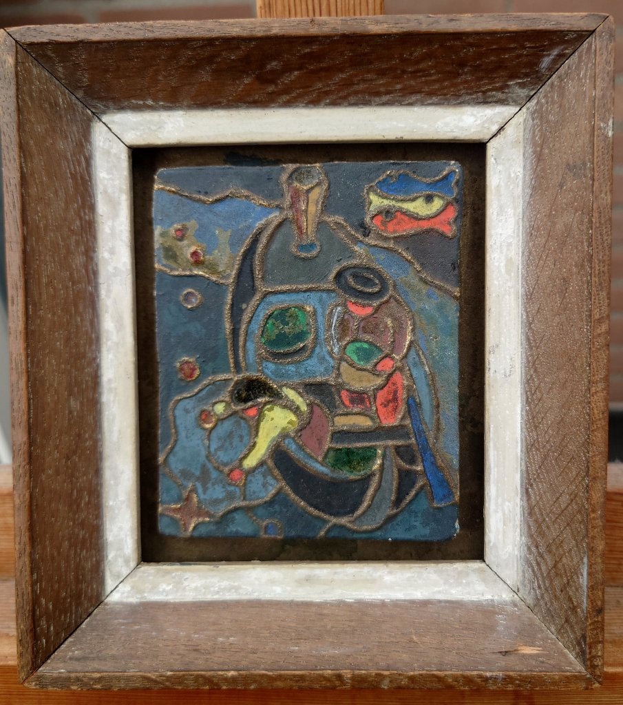 ~1930 Franse School schilderij op tegel 2 vissers gesigneerd, Ingelijst, Maritiem / water, Ophalen of Verzenden, Overige technieken