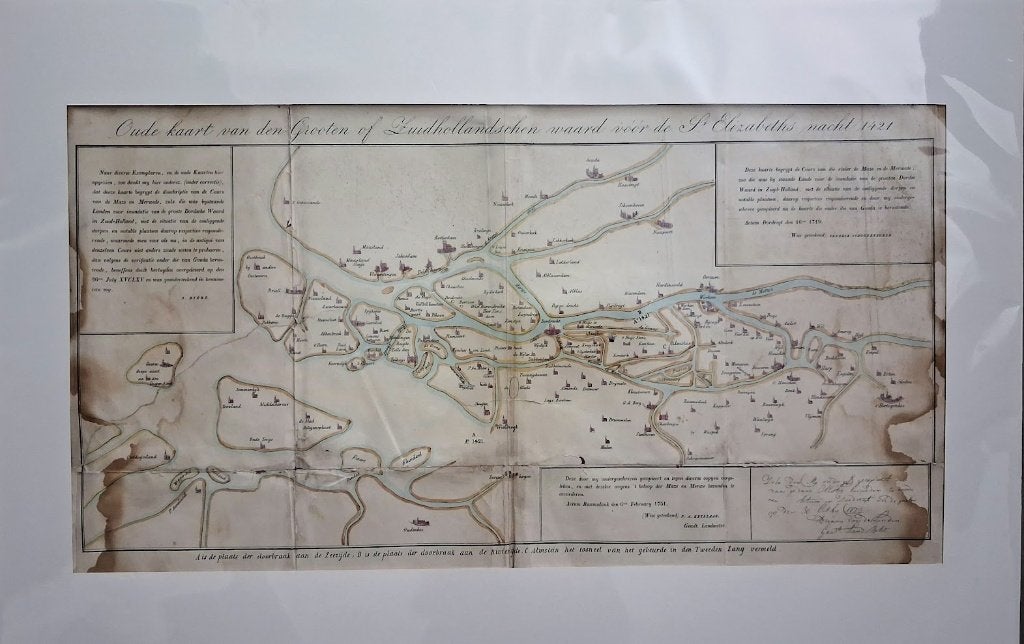 Antieke kaart van de Elisabethsvloed 1421, 40 cm, Ophalen of Verzenden, 60 cm, Met tekst