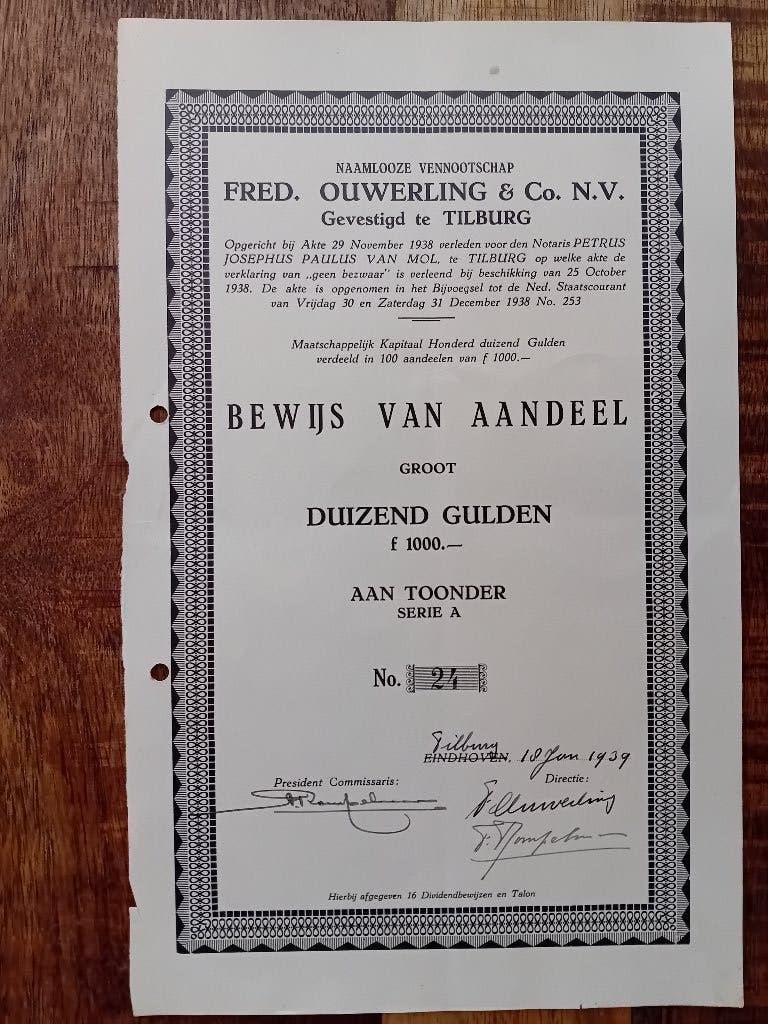 Fred. Ouwerling & Co. - Tilburg / Eindhoven - 1939, Ophalen of Verzenden, 1920 tot 1950, Aandeel