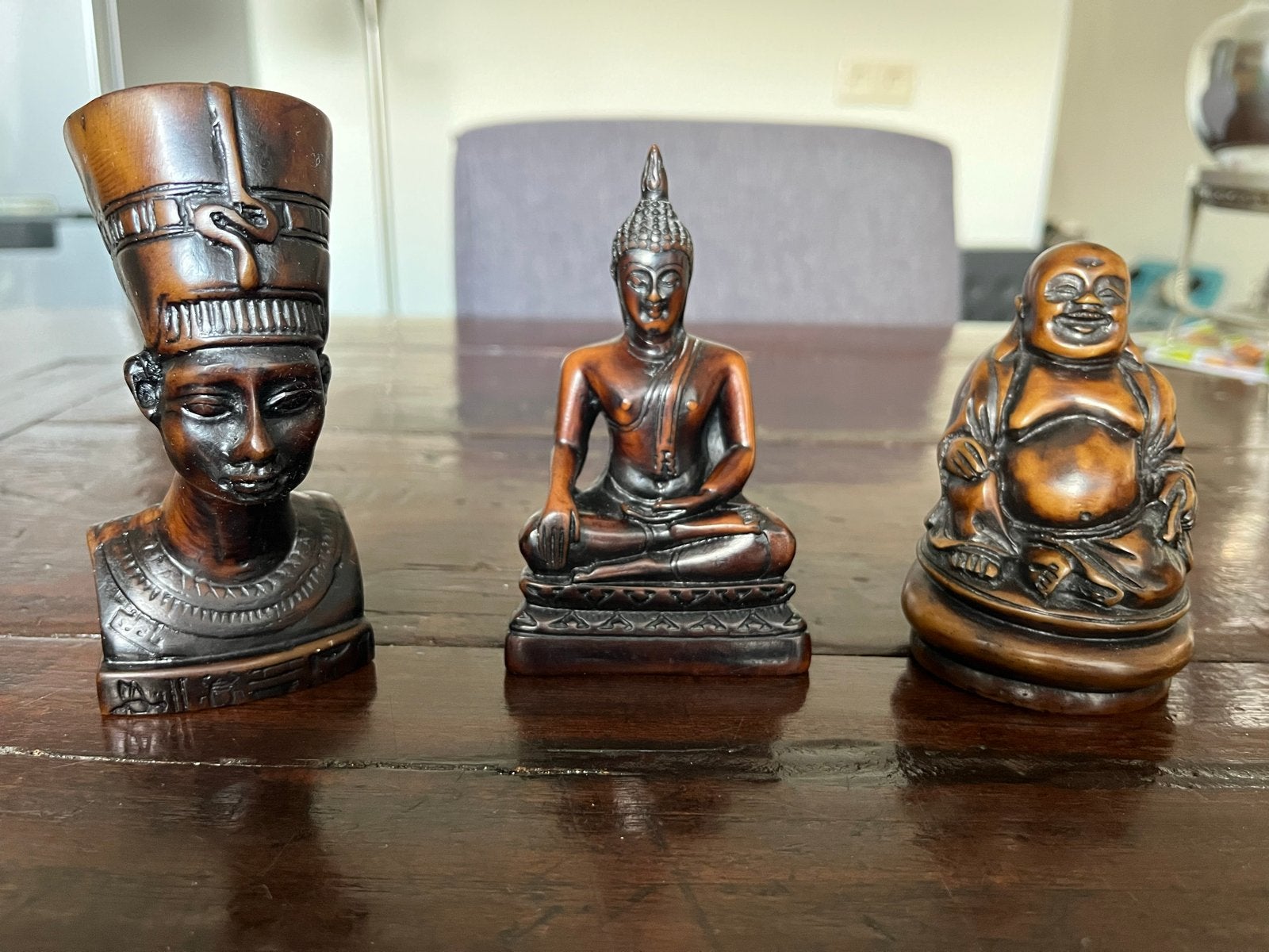 Set van 3 decoratieve beeldjes: Boeddha, Lachende Boeddha, N, Huis en Inrichting, Woonaccessoires | Boeddhabeelden, Ophalen of Verzenden