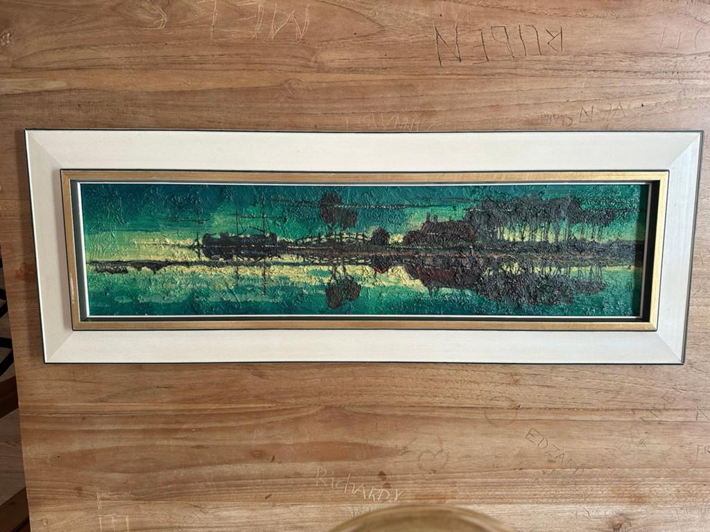 Jos van Dijk - Schilderij textuur: Landschap aan het water, Antiek en Kunst, Kunst | Schilderijen | Klassiek, Ophalen of Verzenden