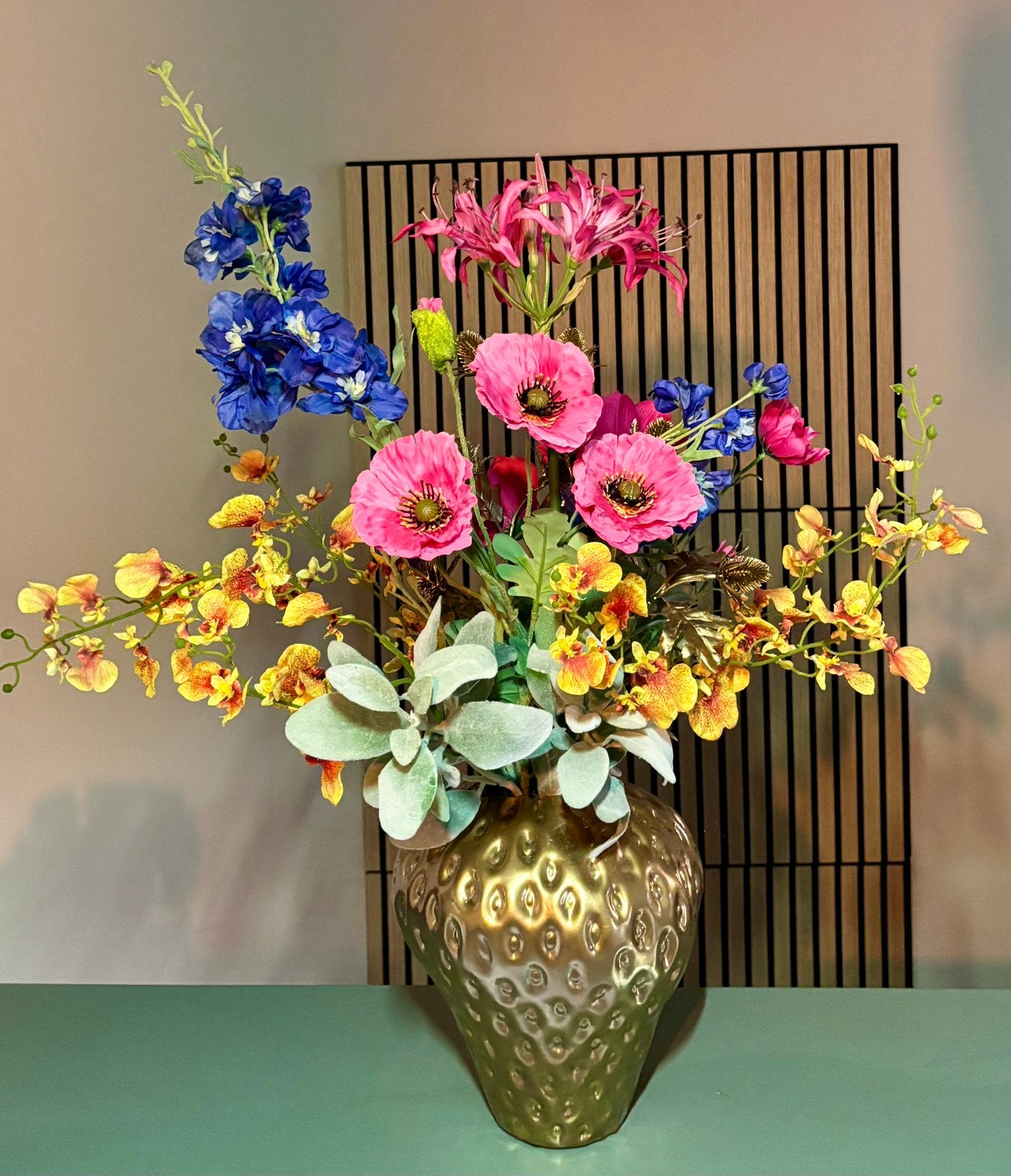Zijden bloemen Boeket incl. Gouden Aardbei Vaas | 75cm. Hoog, Binnen, Www.discountfashioncorner.nl, 75 cm, Ophalen of Verzenden
