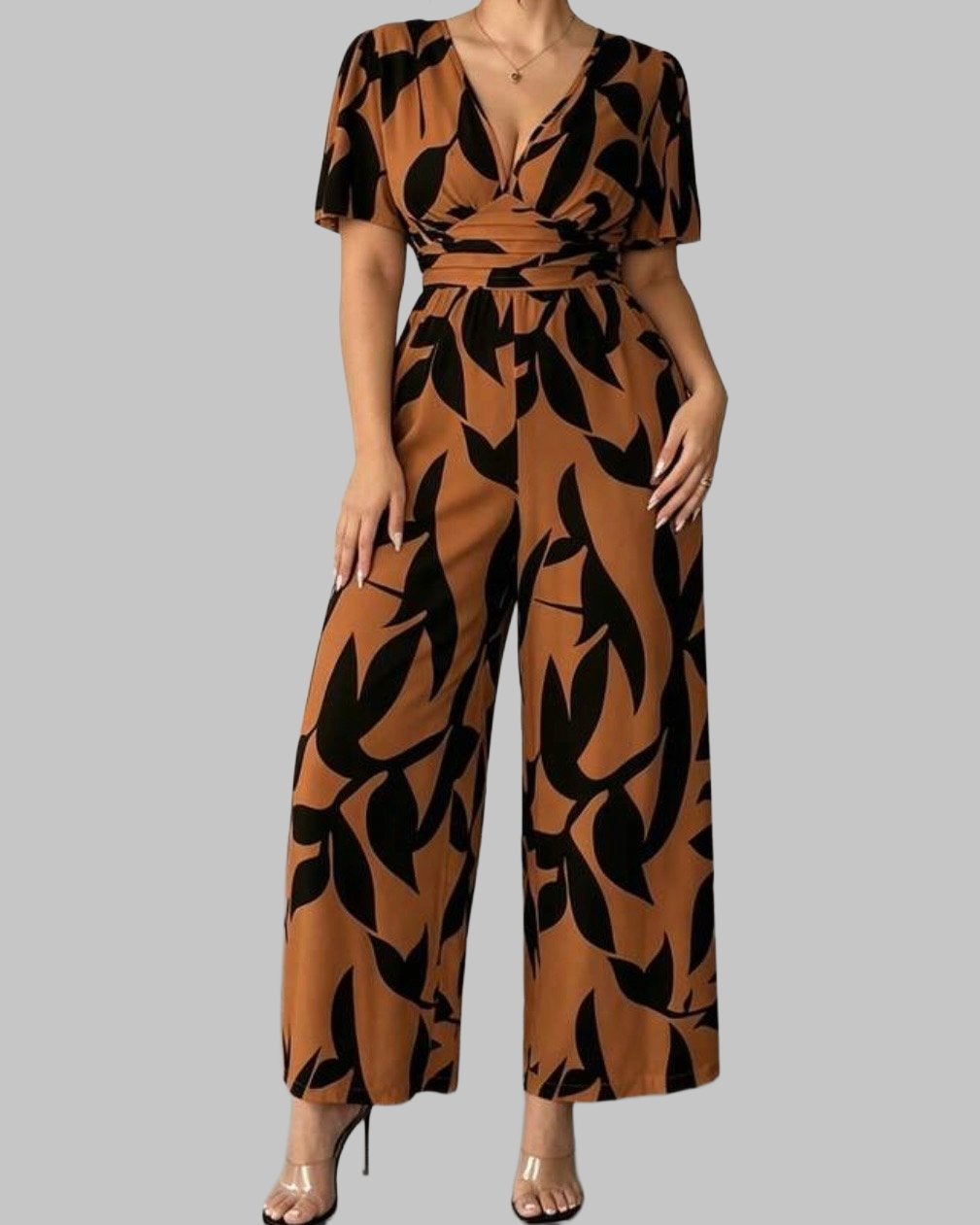 Stijlvolle Jumpsuit met Bladprint (44-52), Kleding | Dames, Verzenden, Nieuw, Bruin, Broek of Spijkerbroek