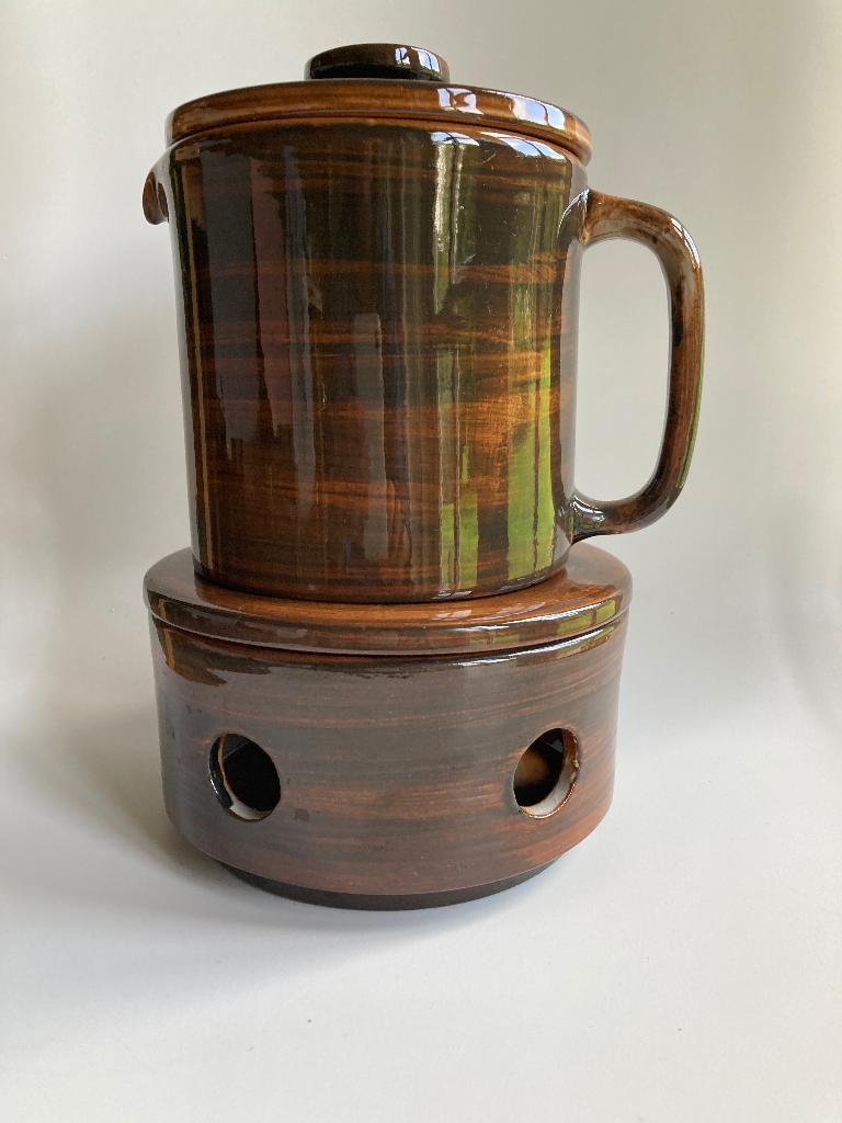 Vintage Volendams aardewerk bruin theepot en theelicht, N, N, Overige typen, Overige stijlen