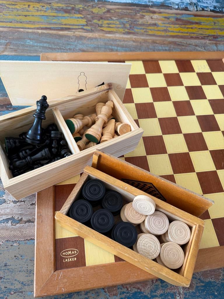 Schaak- en damspel met Homas speelbord Koning 78mm, Hobby en Vrije tijd, Gezelschapsspellen | Bordspellen, Een of twee spelers