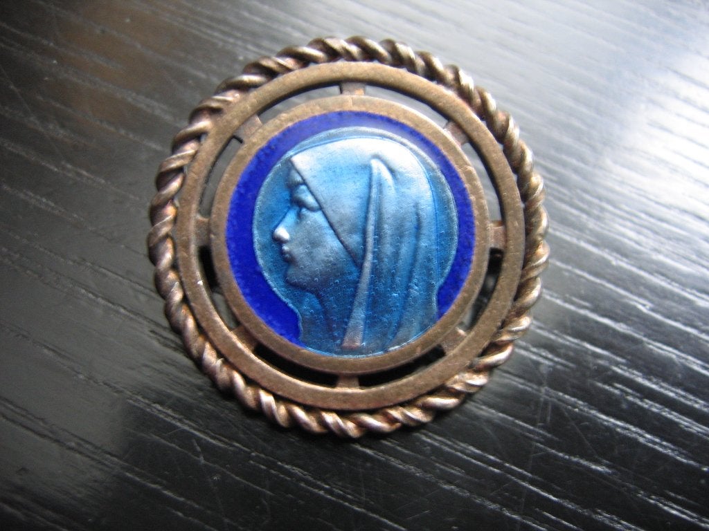 Mooie Antieke Ronde Zilveren Broche - Maria - Blauw ge email, Verzenden, Zilver, Broche