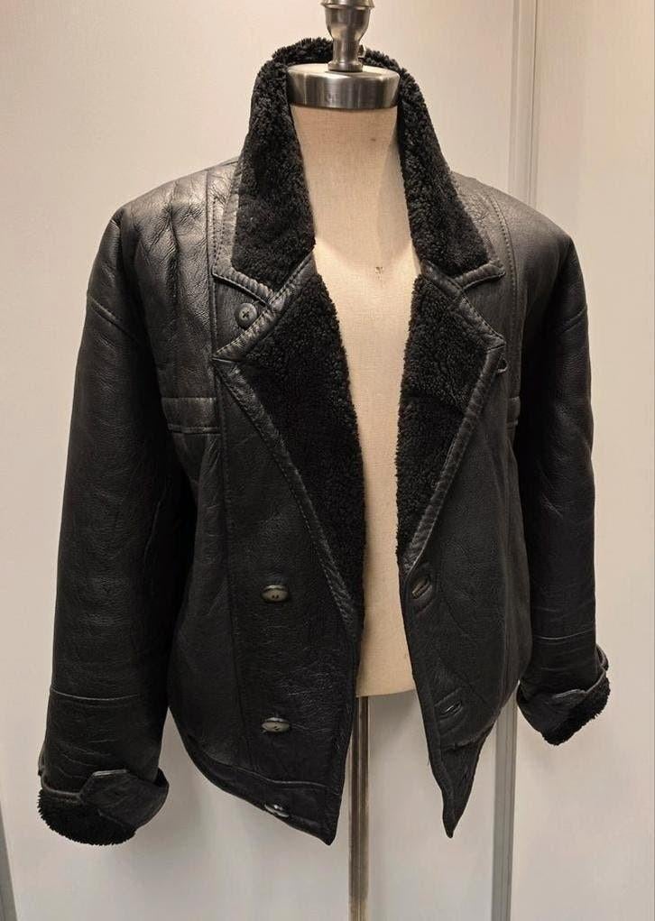 Heren lammy retro bomber - maat L - lamsleer en vacht, Ophalen of Verzenden, Gedragen, Maat 52/54 (L), Zwart