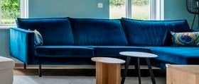 Prachtige WOOOD Rodeo Chaise Longue Rechts in Velvet Blue,, Huis en Inrichting, Ophalen, Hoekbank, 300 cm of meer, Zo goed als nieuw