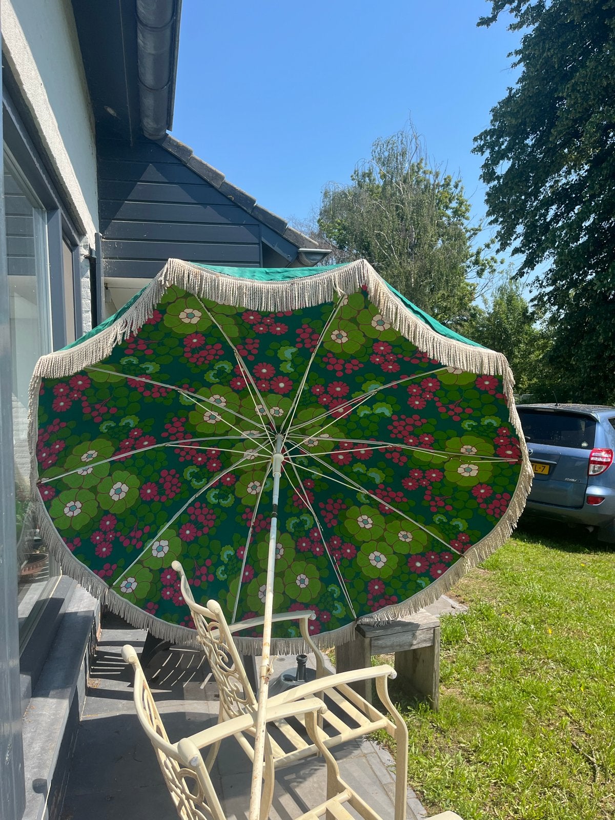 Vintage Retro Parasol - Katoen - Groen Bloemmotief, Ophalen of Verzenden, Gebruikt, 2 tot 3 meter, Stokparasol
