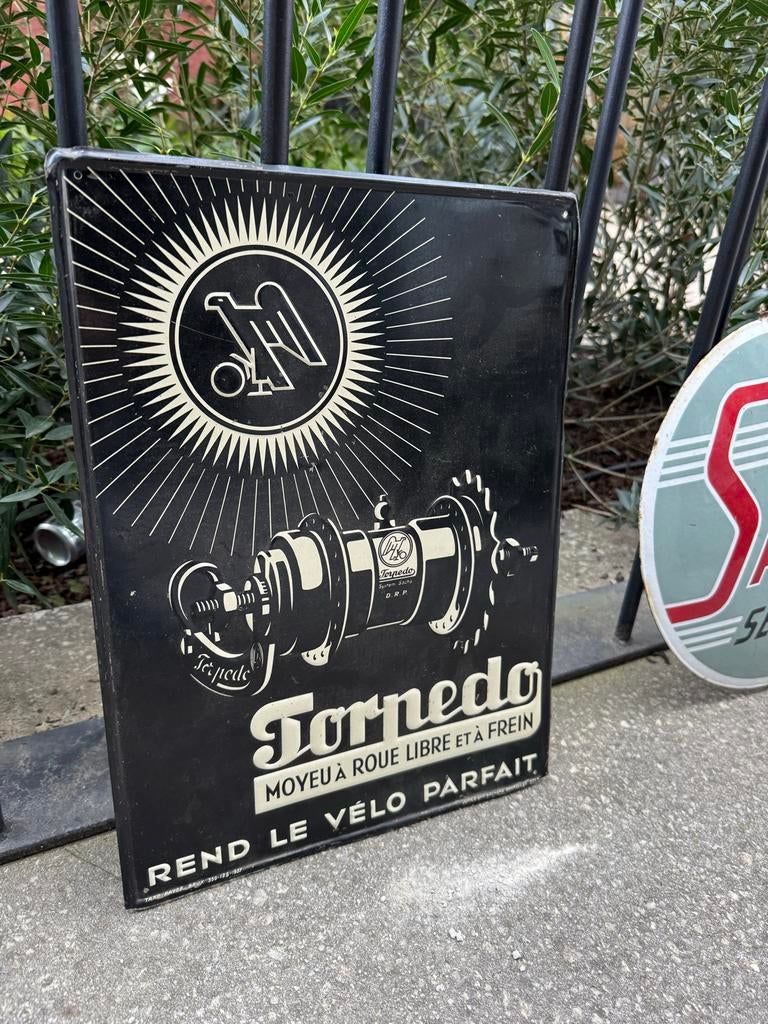 Vintage Torpedo Reclamebord - Fietsnaaf, Reclamebord, Gebruikt, ., Ophalen of Verzenden