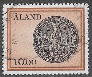 ALAND 10,00 M zegel Penning van Aland met heilige Olaf 1984, Verzenden, Finland, Gestempeld