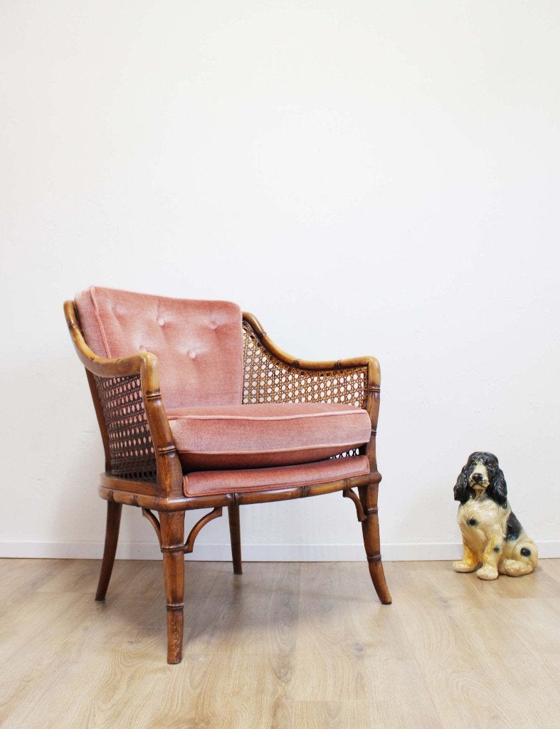 Vintage fauteuil, roze velvet. Rotan Boho stoel, Giorgetti?, Huis en Inrichting, Fauteuils, Ophalen, Minder dan 50 cm, O, 75 tot 100 cm
