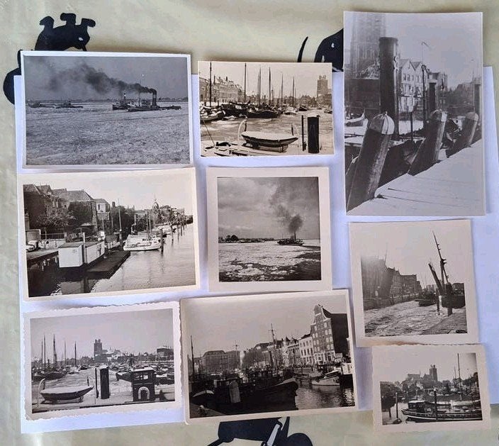 Foto's-1930-1960-verzameling-9x-Dordrecht-haven-boten-winter, Ophalen of Verzenden, Voor 1940, Overige onderwerpen, Foto