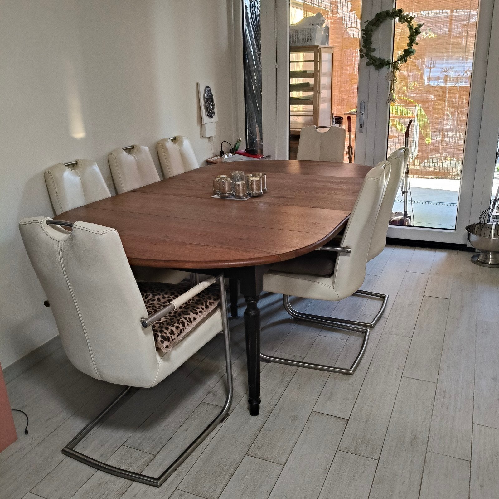Uitschuifbare eethoek Rofra Home - Vol eiken +8 wit lerensto, Ophalen, Gebruikt, Eikenhout, 200 cm of meer