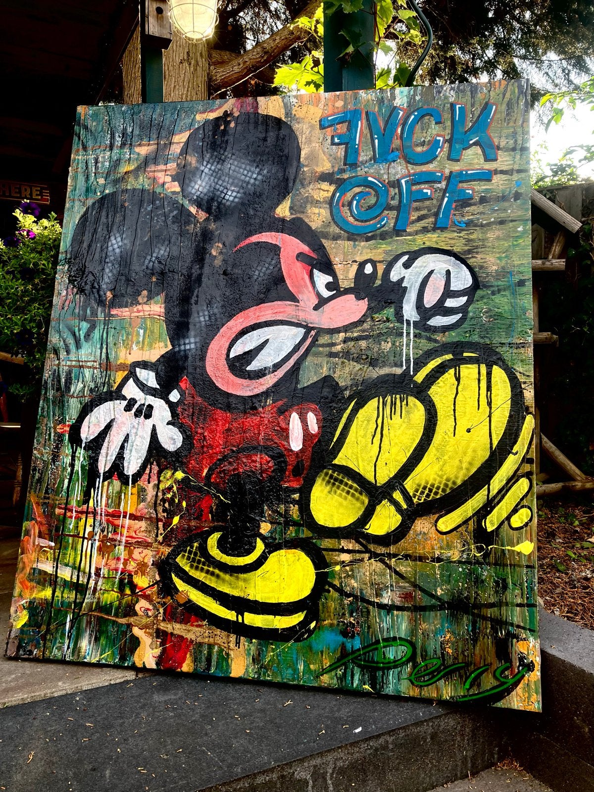 Mickey Mouse 'F*CK OFF' Pop Art Schilderij, Antiek en Kunst, Acrylverf, Hout, Handgeschilderd, Ophalen of Verzenden