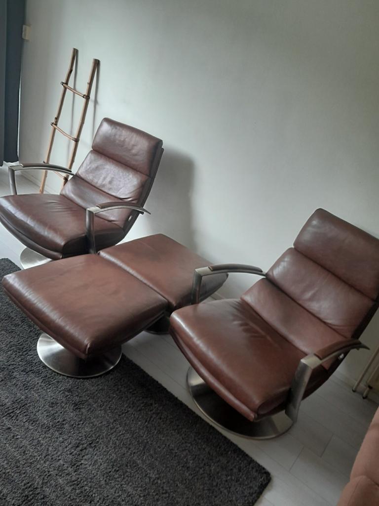 2 H&H Leren Relaxfauteuils met Voetenbanken, Ophalen, Gebruikt, Modern, Comfort, 75 tot 100 cm