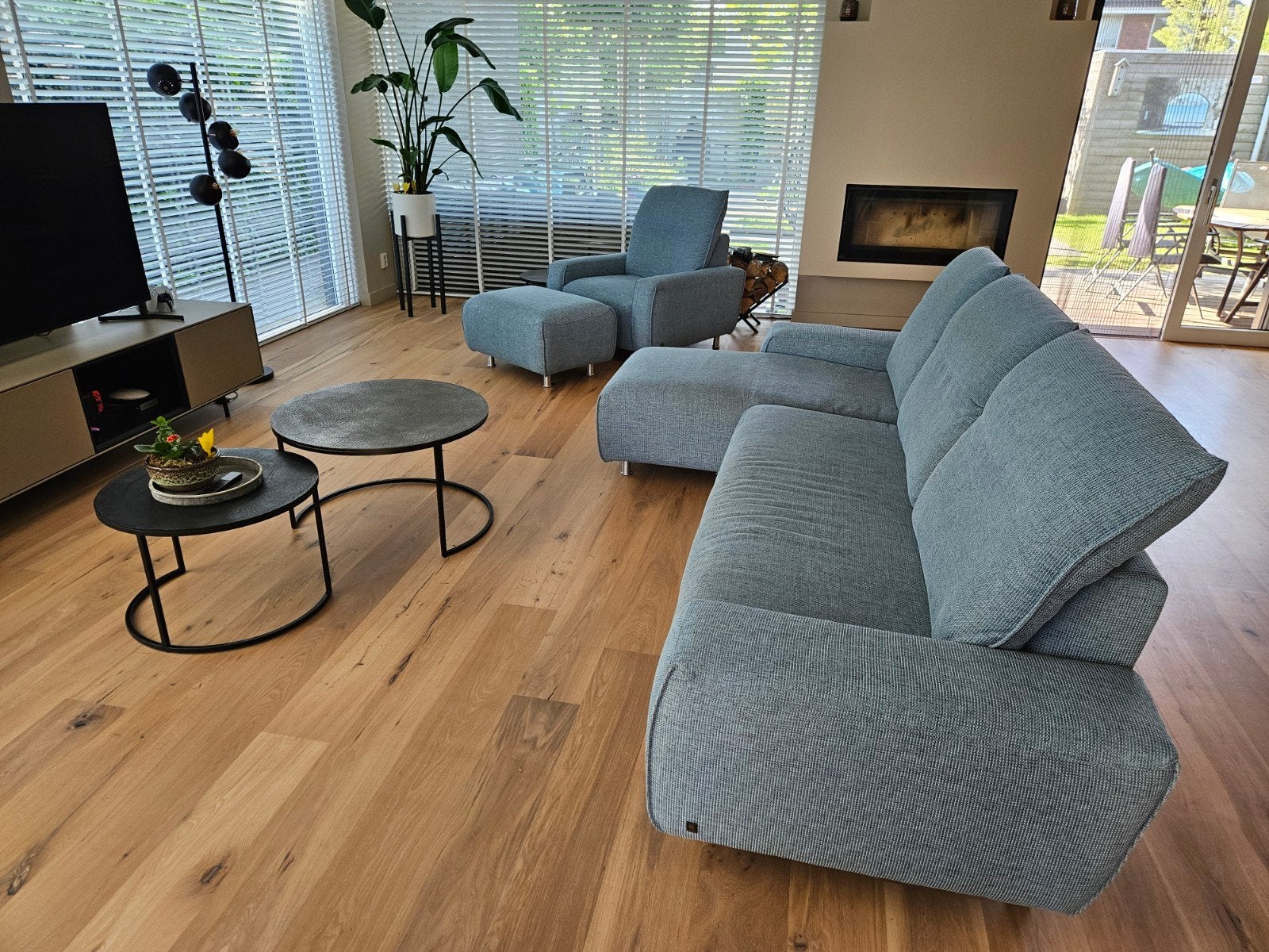 Moderne hoekbank en fauteuil met hocker, Ophalen, 250 tot 300 cm, 100 tot 125 cm, Hoekbank