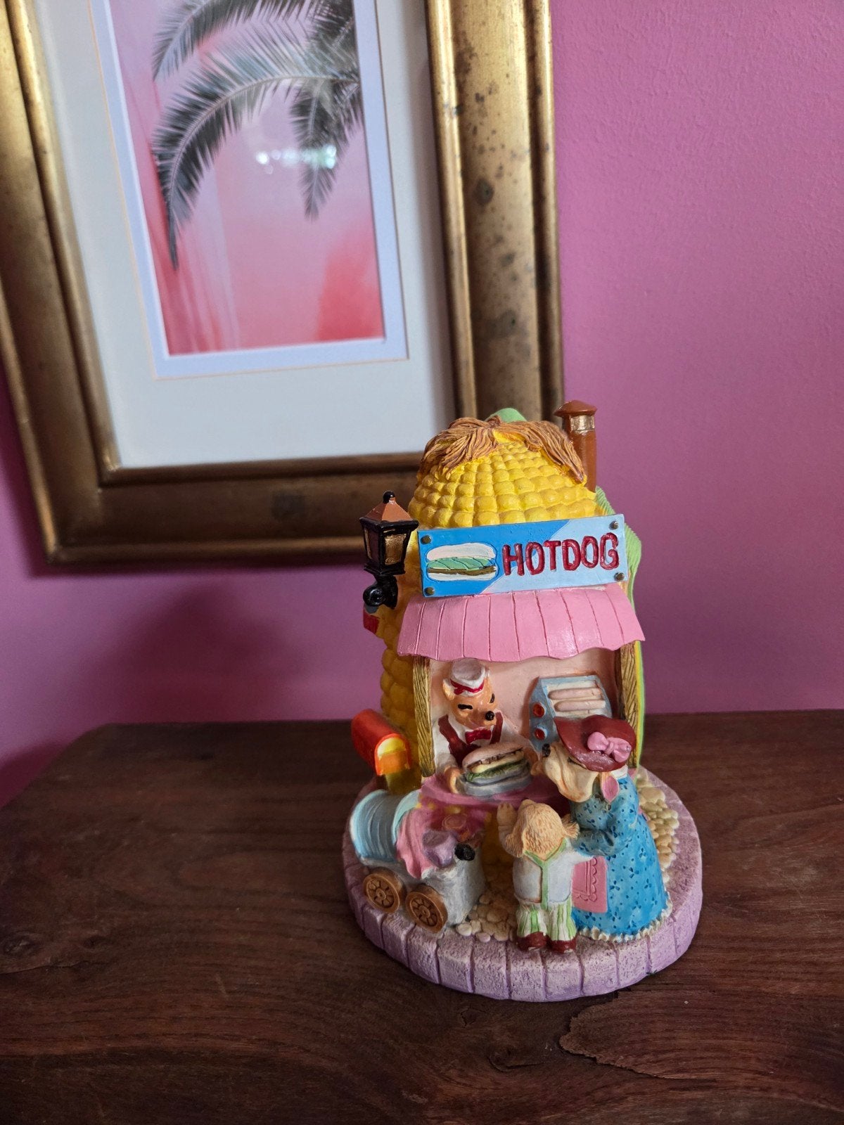Vintage spaarpot maïskolf hotdogkraam met hondjes, Ophalen, Zo goed als nieuw, Steen, Aardewerk of Keramiek, Dier
