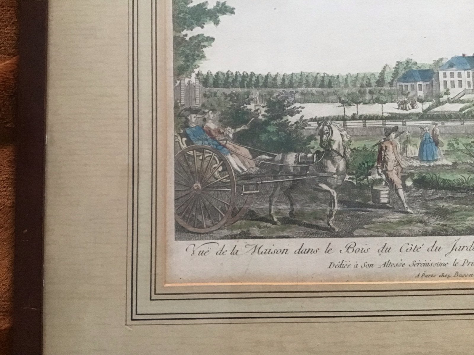 Antieke Gravure: Huis in het Bos, Tuinzijde, Prins van Oranj, Ophalen, Handgekleurd, Gravure, Landschap
