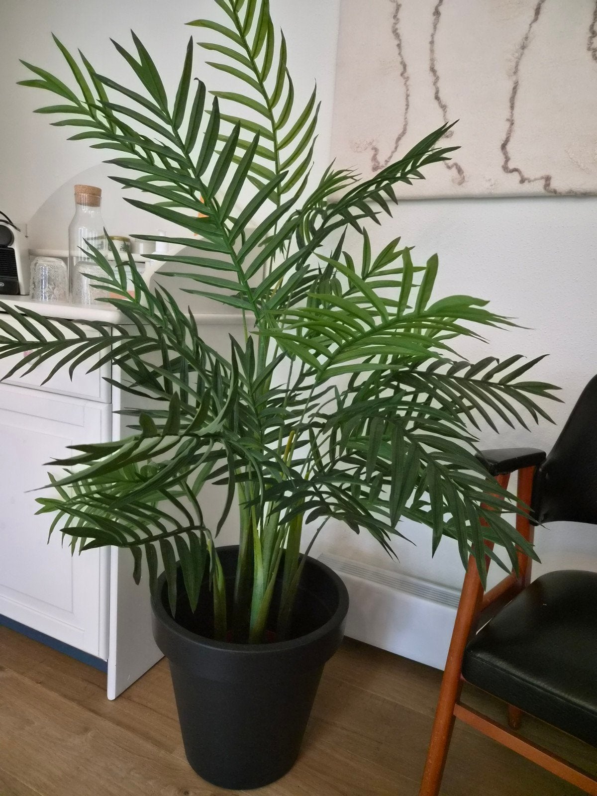 Grote kunstpalm 145cm in zwarte (buiten)pot, Ophalen, Groen, Met pot of vaas, Kunstplant