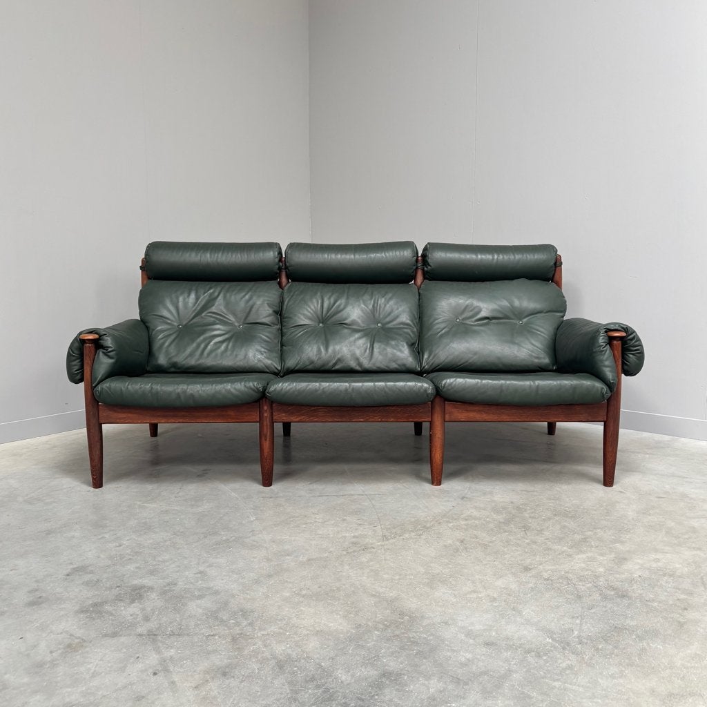 Vintage bankstel jaren 60 70 80 eiken leer design, Huis en Inrichting, Banken | Bankstellen, Gebruikt, Rechte bank, Driepersoons