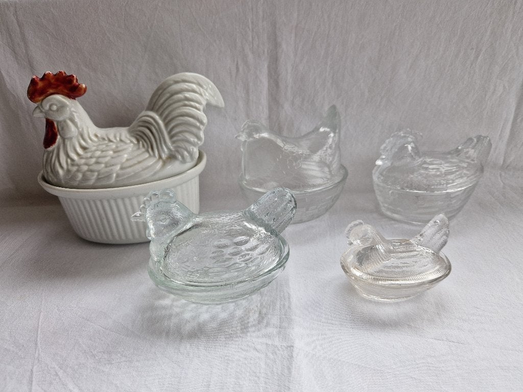 Keramiek en glazen paté kippen., Overige typen, Ophalen of Verzenden, Overige stijlen, Glas