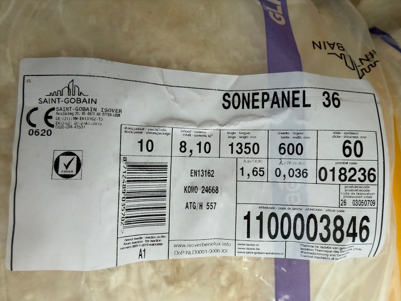 7 platen glaswol isolatie Sonepanel 60mm dik - Restpartij, Ophalen, 4 tot 8 cm, Gebruikt, Minder dan 5 m²