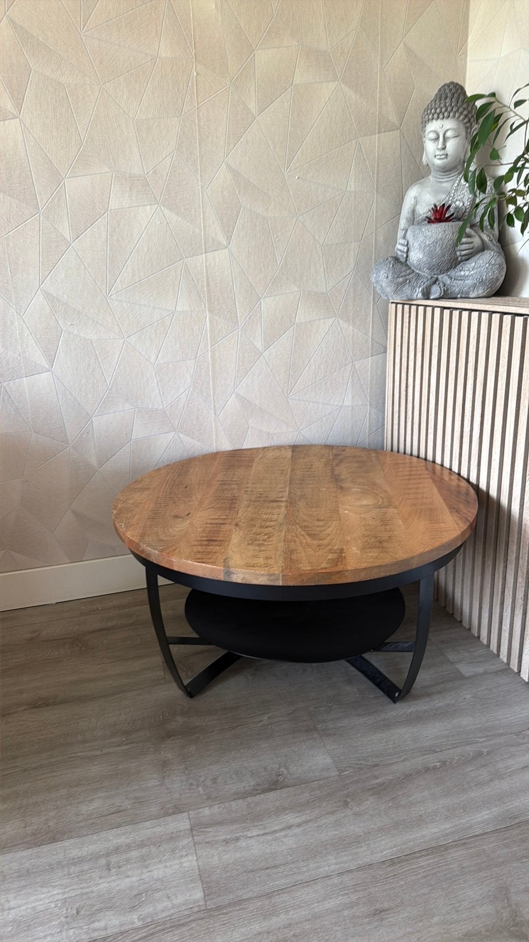 Set salon en eettafel rond mangohout en staal, 100 tot 150 cm, Rond, Zo goed als nieuw, Minder dan 50 cm
