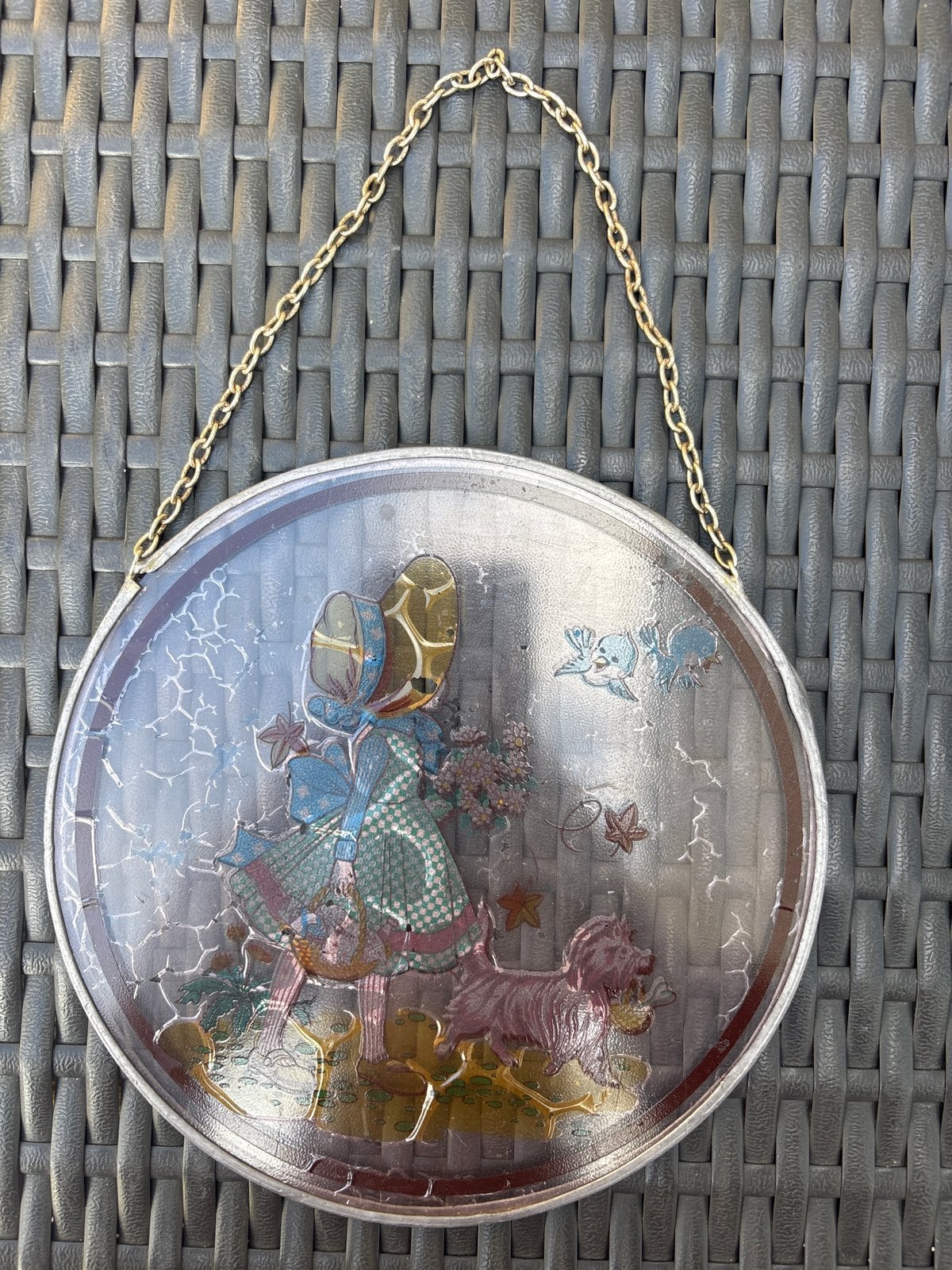 Vintage Glas-in-lood Raamhanger Meisje met Hond, Antiek en Kunst, Ophalen of Verzenden