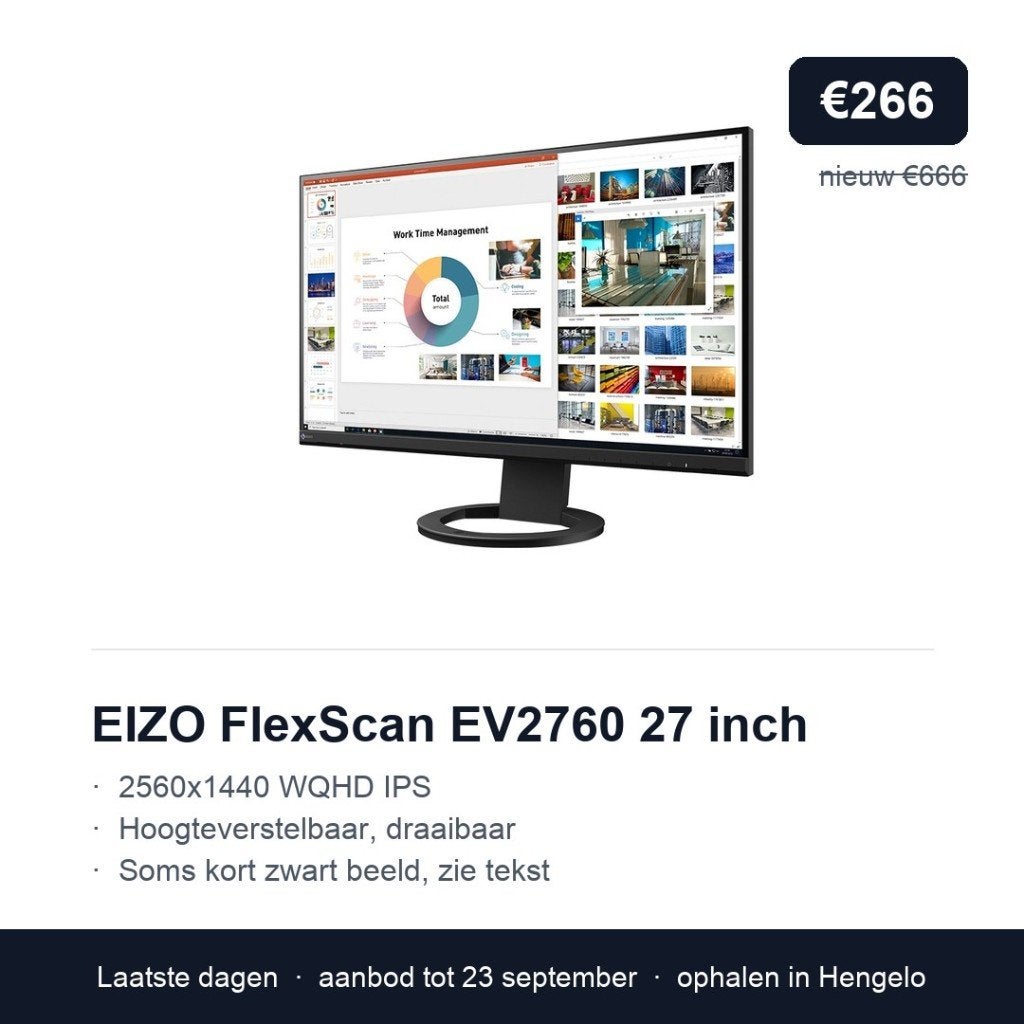EIZO FlexScan EV2760 27 inch WQHD IPS monitor 2560x1440, Computers en Software, Gebruikt, IPS, In hoogte verstelbaar, DisplayPort