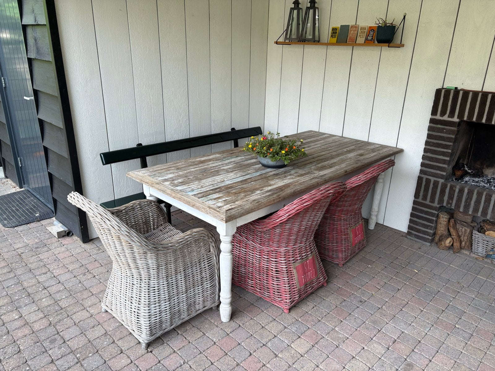 Ibiza style tuintafel met verweerd houten blad, Tuin en Terras, Ophalen, Gebruikt, Rechthoekig, Hout