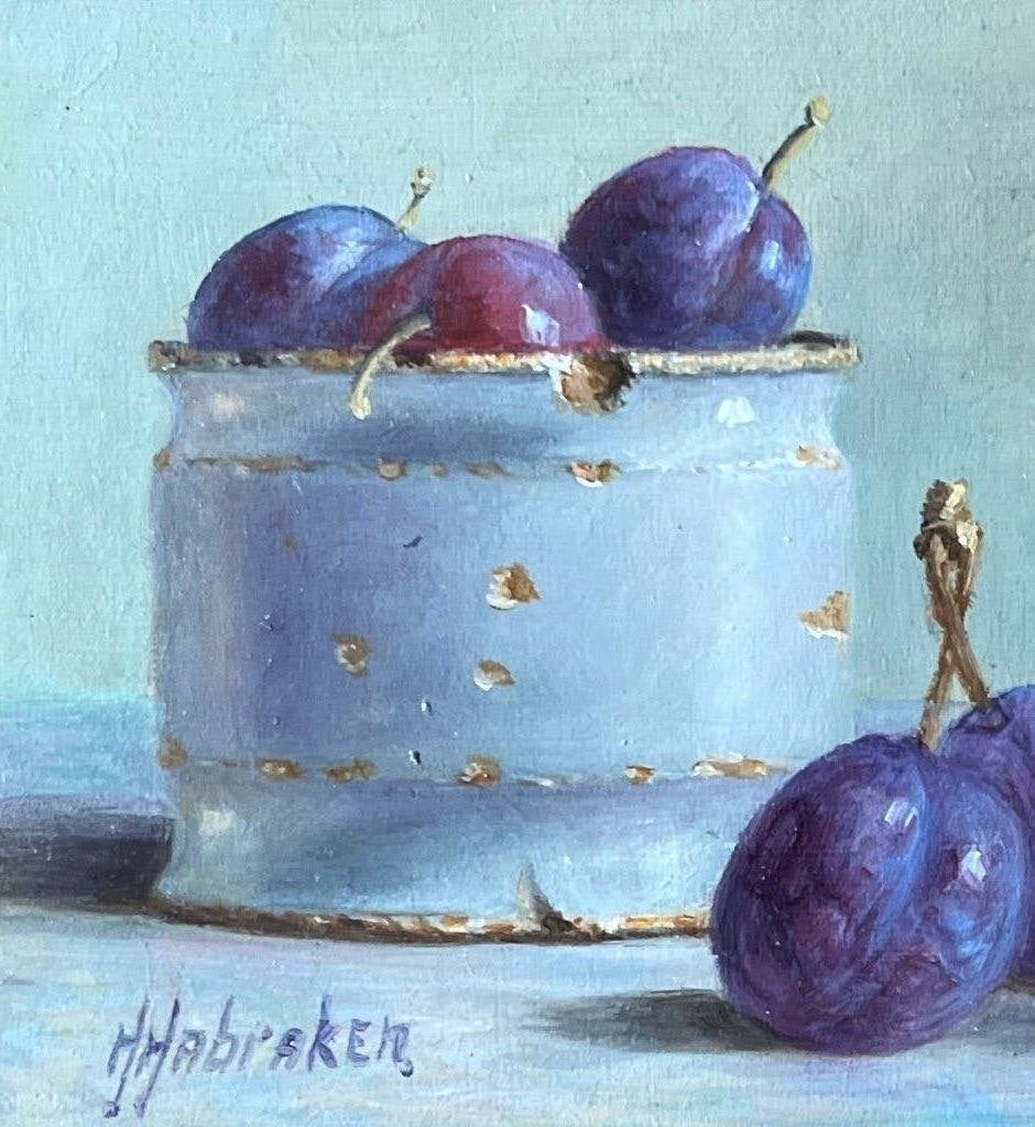 Schilderij stilleven pruimen in een kan. Hans Habraken., Antiek en Kunst, Ingelijst, Paneel, Realistisch, Stilleven