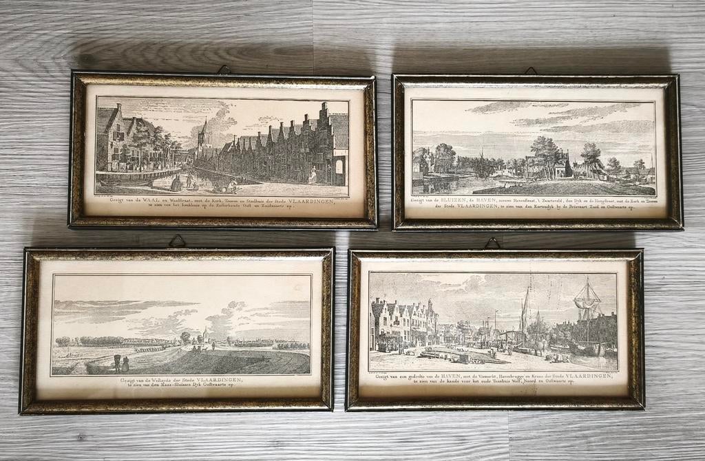Vier oude prenten van Vlaardingen in lijstjes, Antiek en Kunst, Ophalen of Verzenden