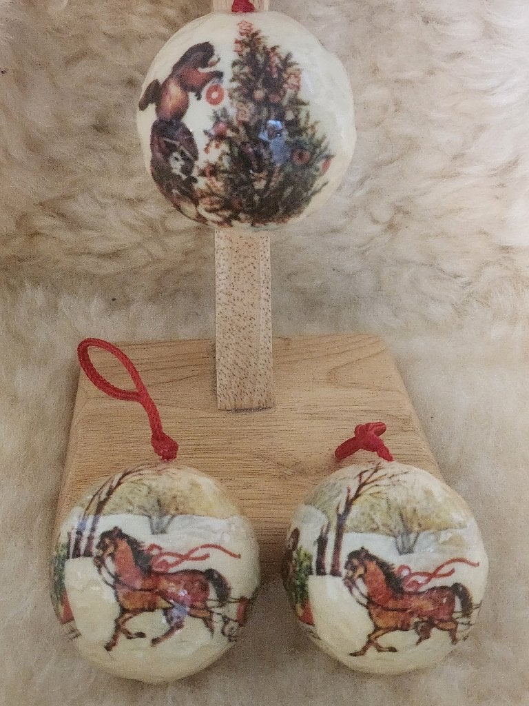 3x Vintage kerstbal Papier-maché - arreslee/sneeuwpop, Diversen, Ophalen of Verzenden, Gebruikt