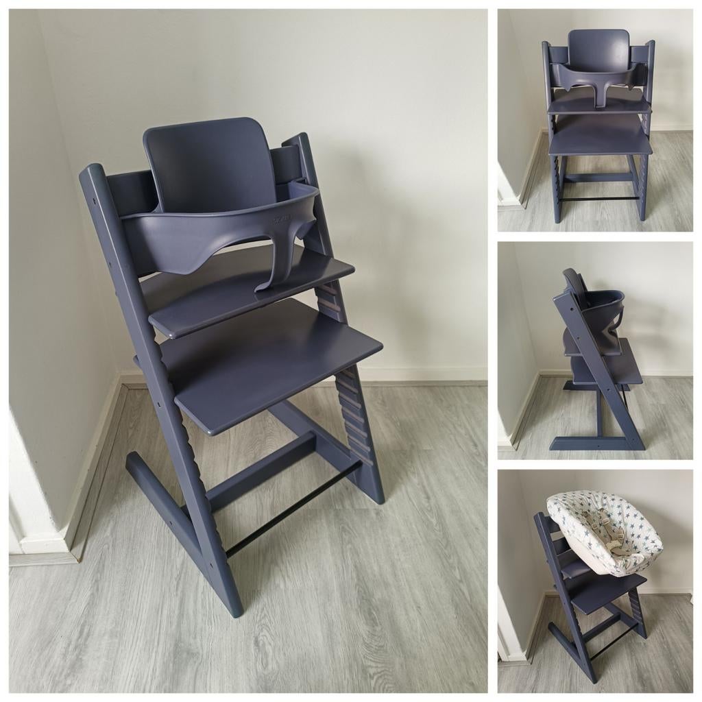 Stokke Tripp Trapp blauw grijs+babyset, newbornset, hoes, Kinderen en Baby's, Kinderstoelen, Ophalen of Verzenden, Zo goed als nieuw