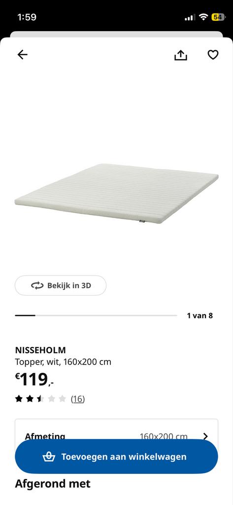Ikea (Nisseholm) Topper Matras 160x200 cm, Tweepersoons, Ophalen of Verzenden, Zo goed als nieuw, Matras