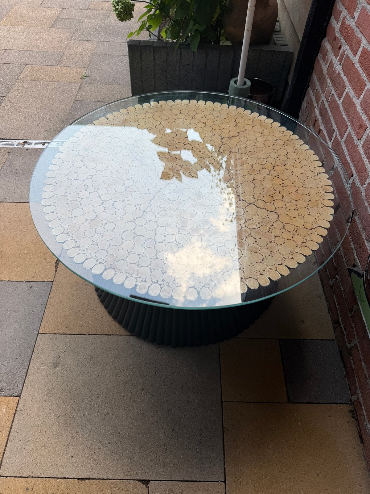 Glazen salontafel met bamboe onderstel, Gebruikt, Rond, Glas, 5 – 50