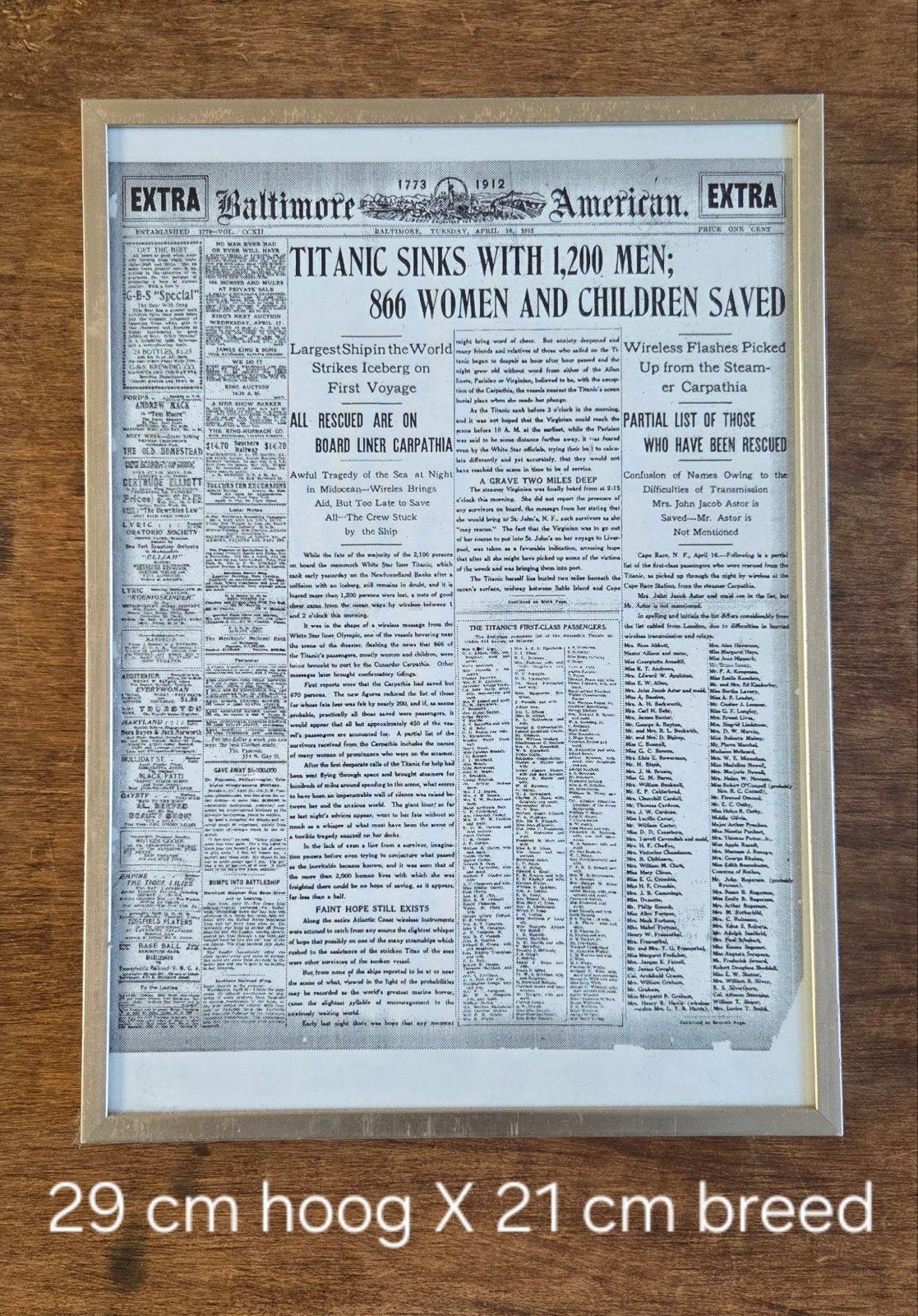 Titanic krantenartikel en print in lijst, Ophalen of Verzenden, Voor 1920, Buitenland, Knipsel(s)