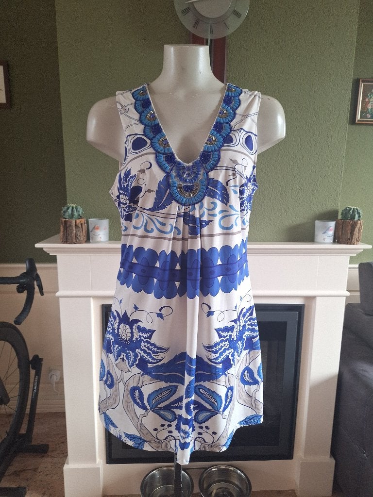 K-Design top tuniek blauw witte mooie halslijn L, K-design, Maat 42/44 (L), Zo goed als nieuw, Verzenden