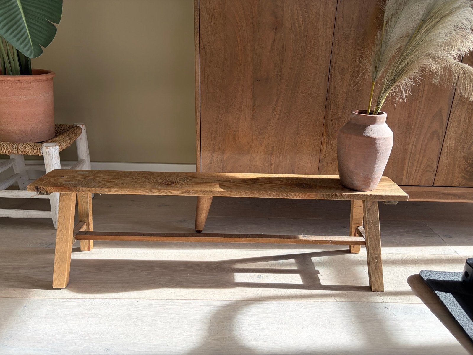 Decoratief houten bankje - 98x15x28 cm, Ophalen, Zo goed als nieuw