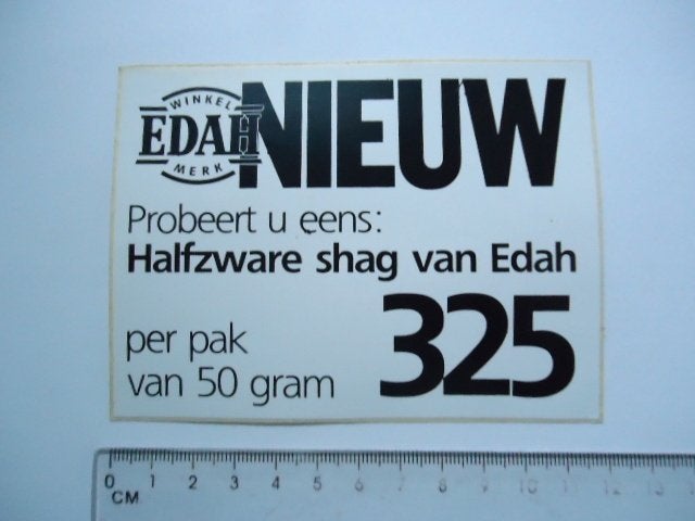 sticker oud EDAH supermarkt winkel shag sigaret gulden 3,25, Verzamelen, Stickers, Zo goed als nieuw, Bedrijf of Vereniging, Verzenden