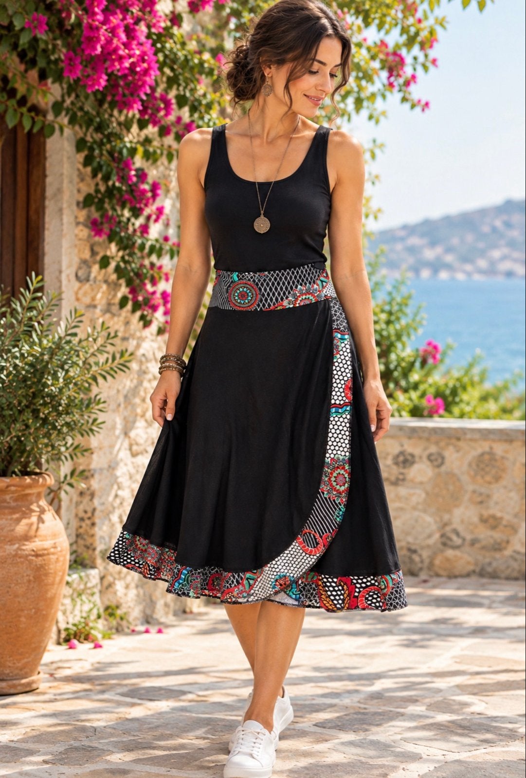 Baba design Zwarte maxi rok met kleurrijke print - Maat 38, Maat 38/40 (M), Verzenden, Zwart, Zo goed als nieuw