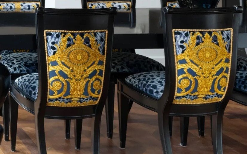 8 eetkamerstoelen Gianni Versace, Huis en Inrichting, Stoelen, Ophalen, Gebruikt, Barok, Blauw