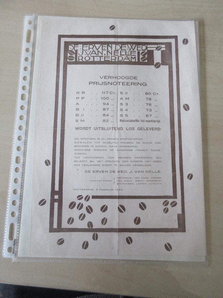 Van Nelle koffie prijslijst winkelfolder van 9 februari 1924, Ophalen of Verzenden, Zo goed als nieuw, Overige typen
