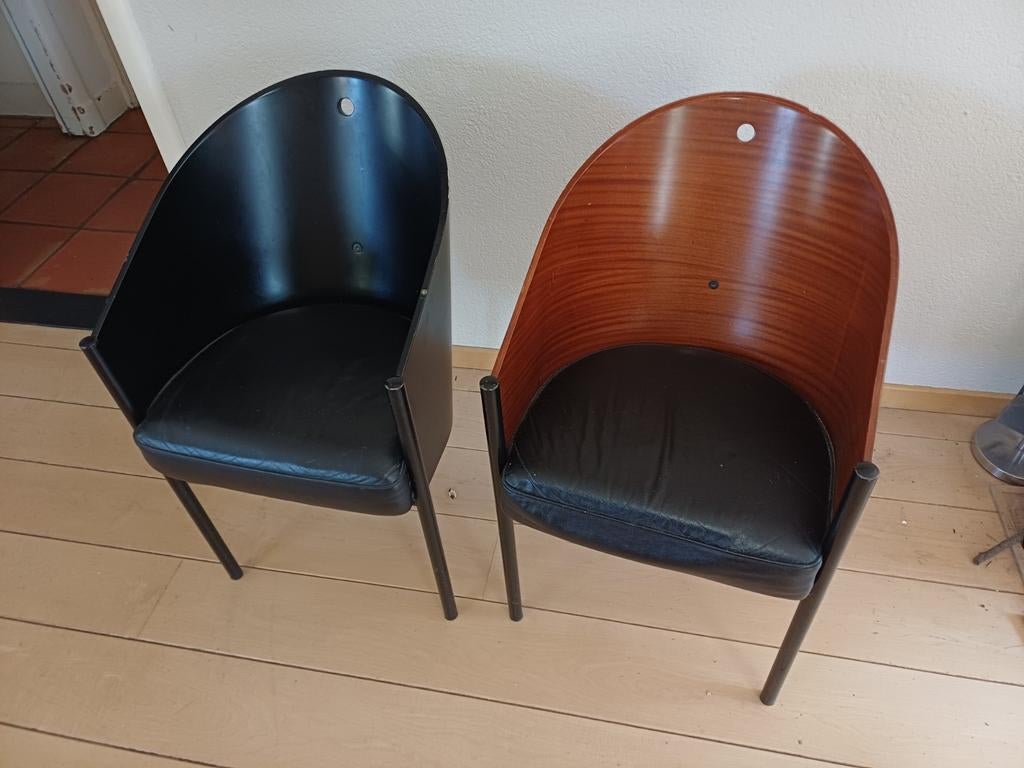Set van 2 vintage kuipstoelen met leer en hout, Ophalen