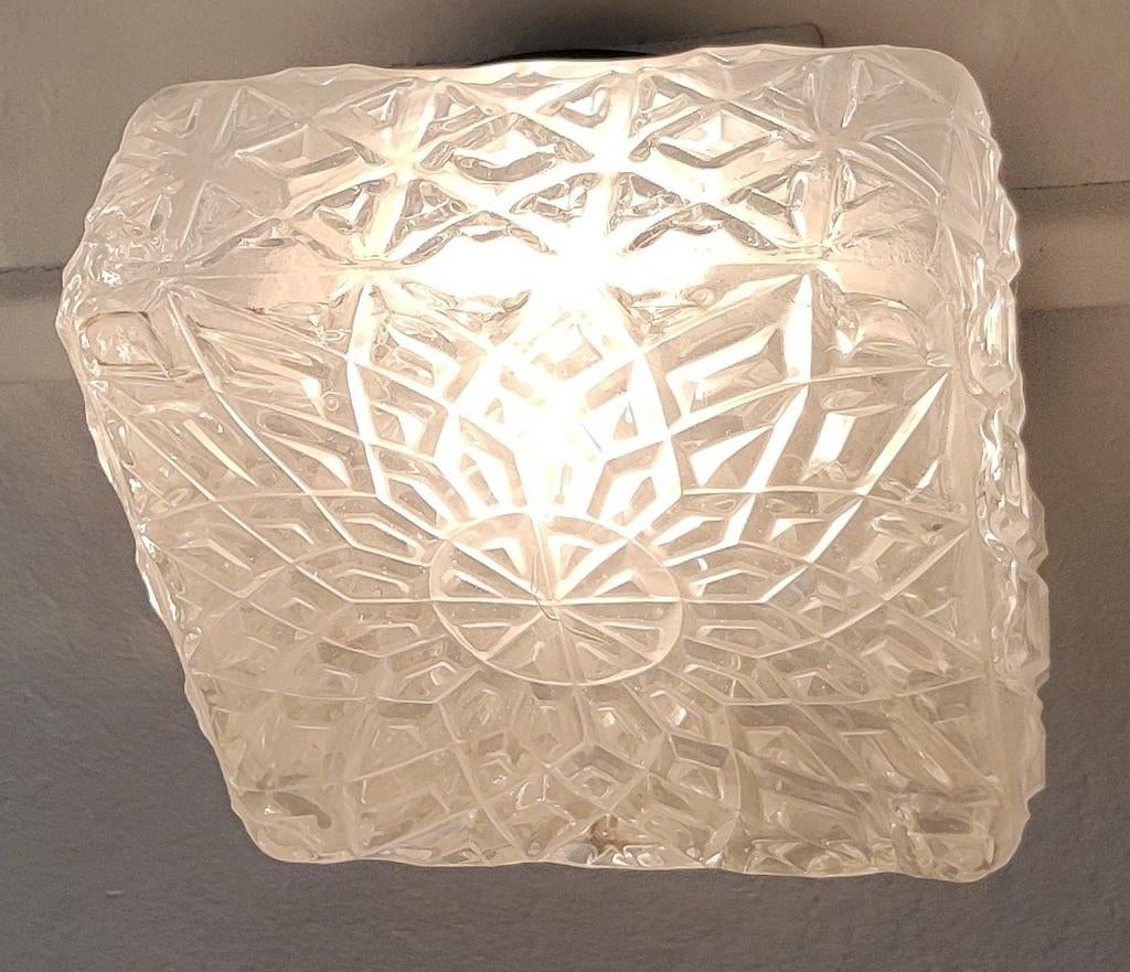 Vintage Glazen vierkante Plafonniere / Plafondlamp, Ophalen of Verzenden, Zo goed als nieuw, Glas, Mid Century