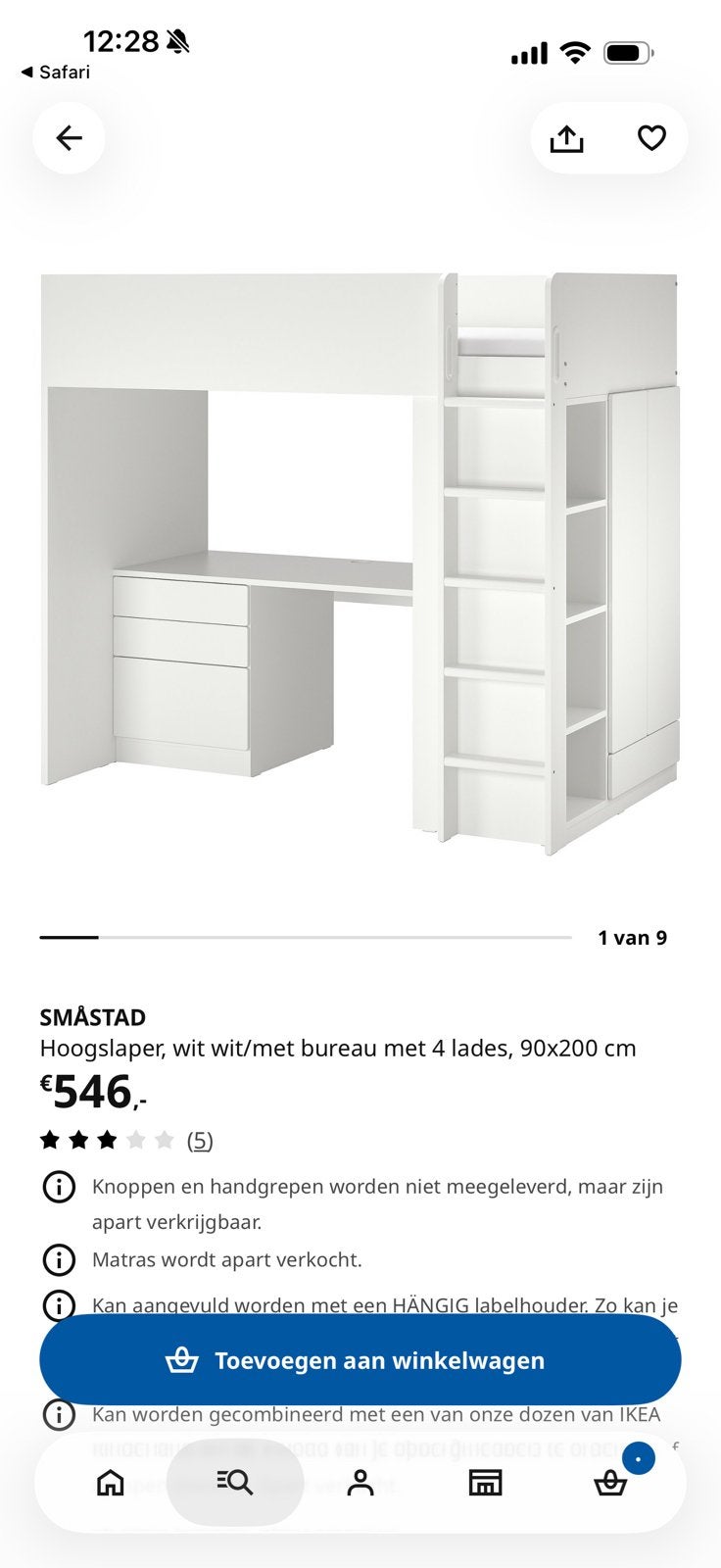 Ikea Hoogslaper met bureau en kast - Zo goed als nieuw, Ophalen, Eenpersoons, Zo goed als nieuw, 200 cm