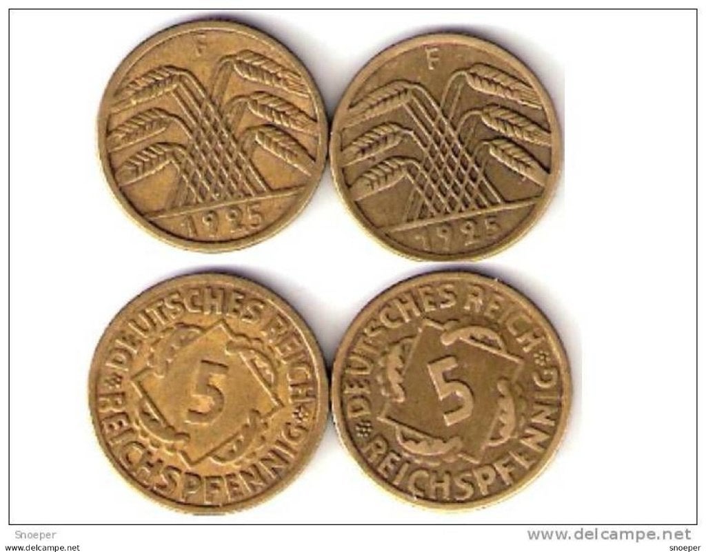 Weimar 5 pfennig 1925 F large+smal 5,vf+/vf Cat val 24,50 $, Verzenden, Duitsland, Losse munt